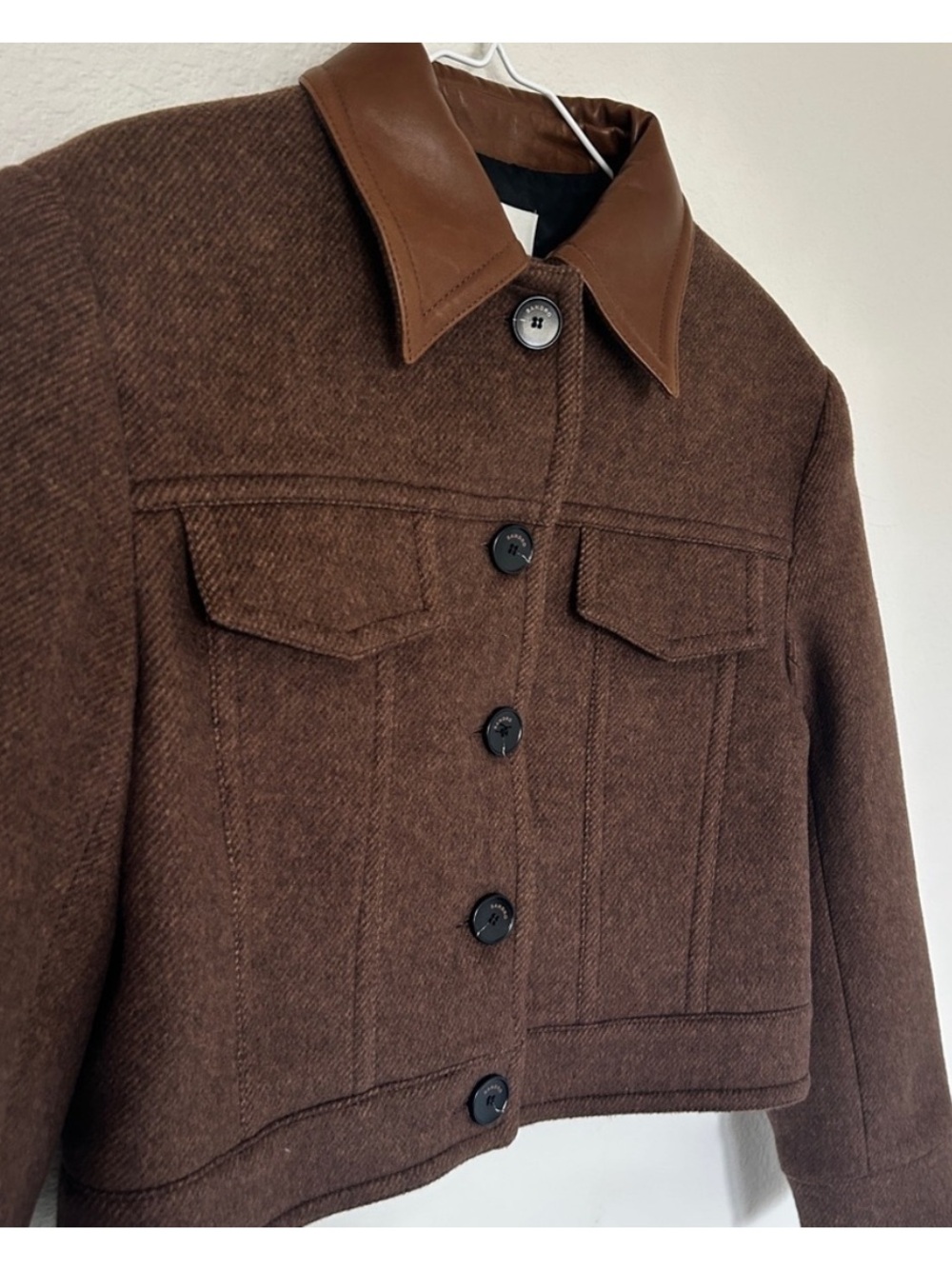 Sandro King Cropped Wool Twill Jacket Leather Collar - Picture 7 of 13